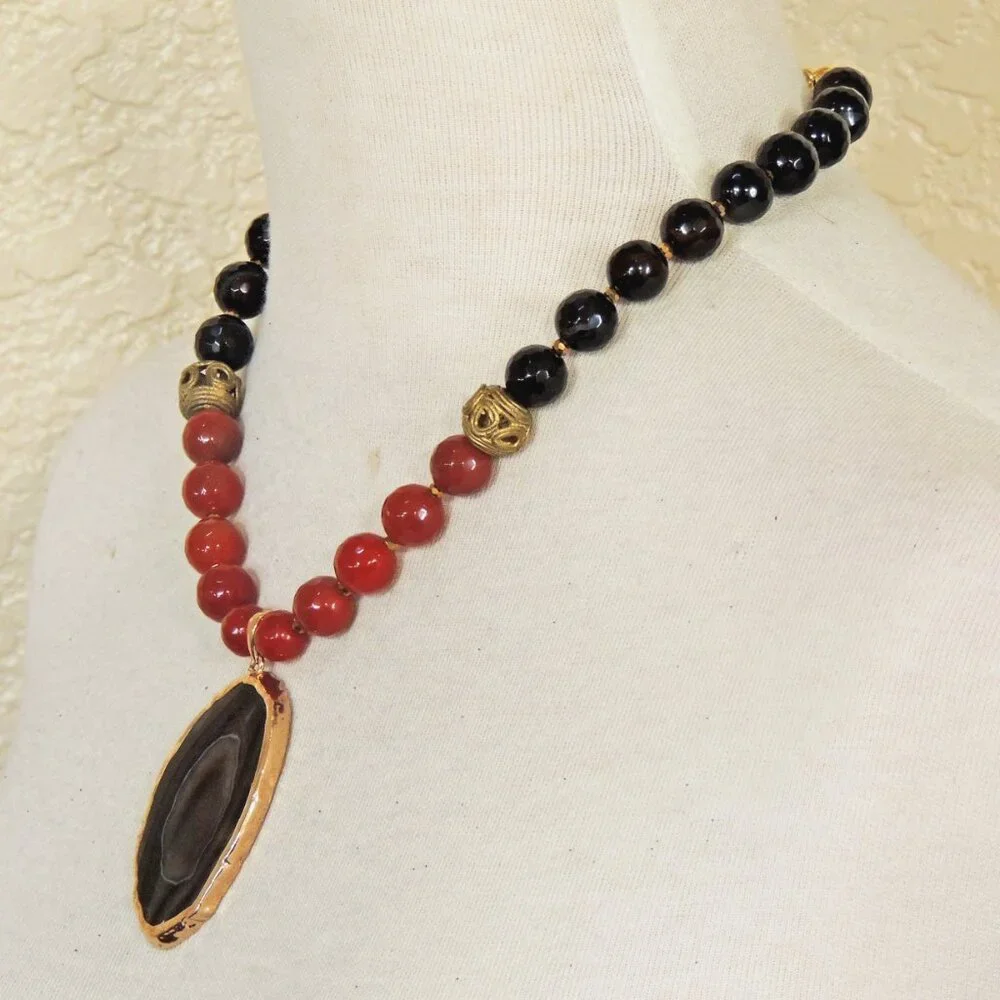 Southwestern Burnt Orange Carnelian & Black Agate Statement Pendant Necklace